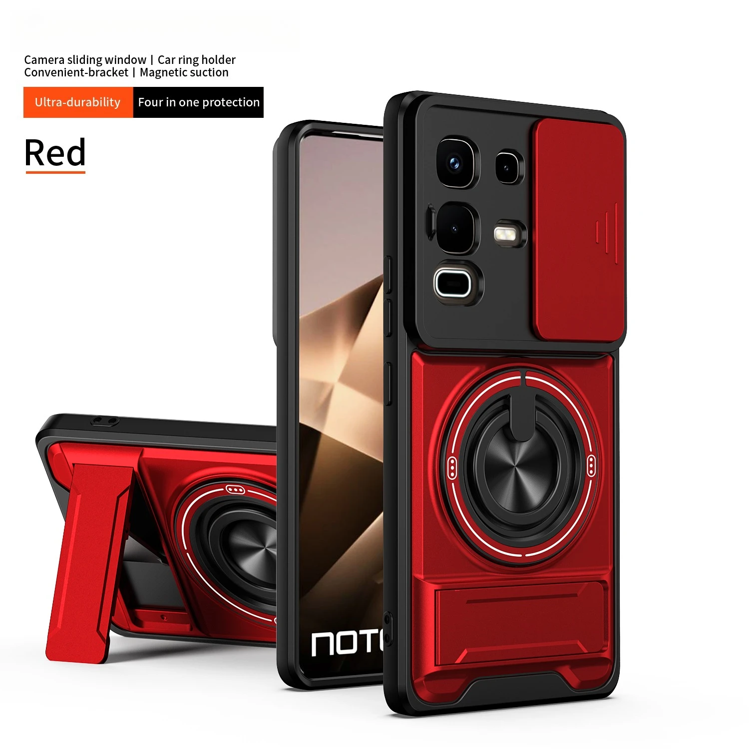 Sliding Window Cover Phone Case with Magnetic Ring and Double Bracket