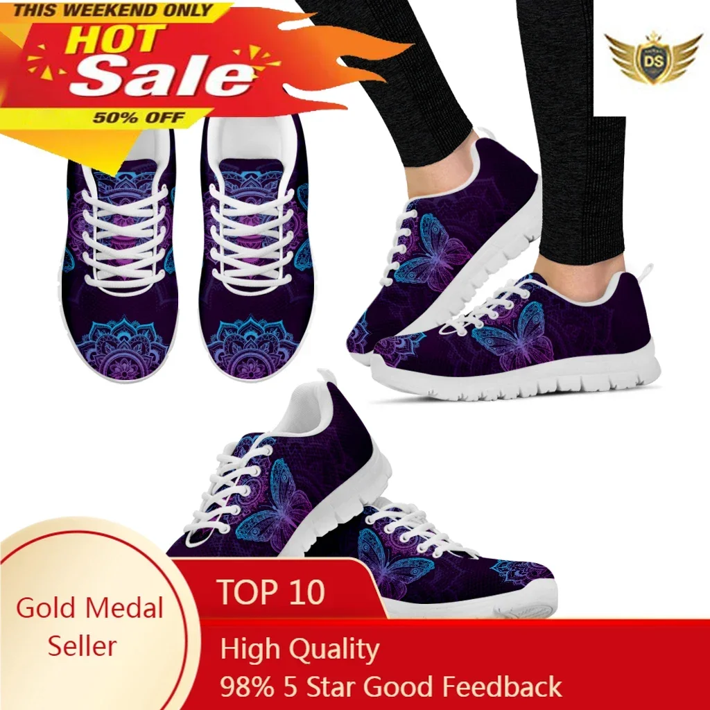 Purple Bohemian Mandala Flower Design Lightweight Outdoor Shoes Butterfly Pattern Comfortable Platform Sneakers