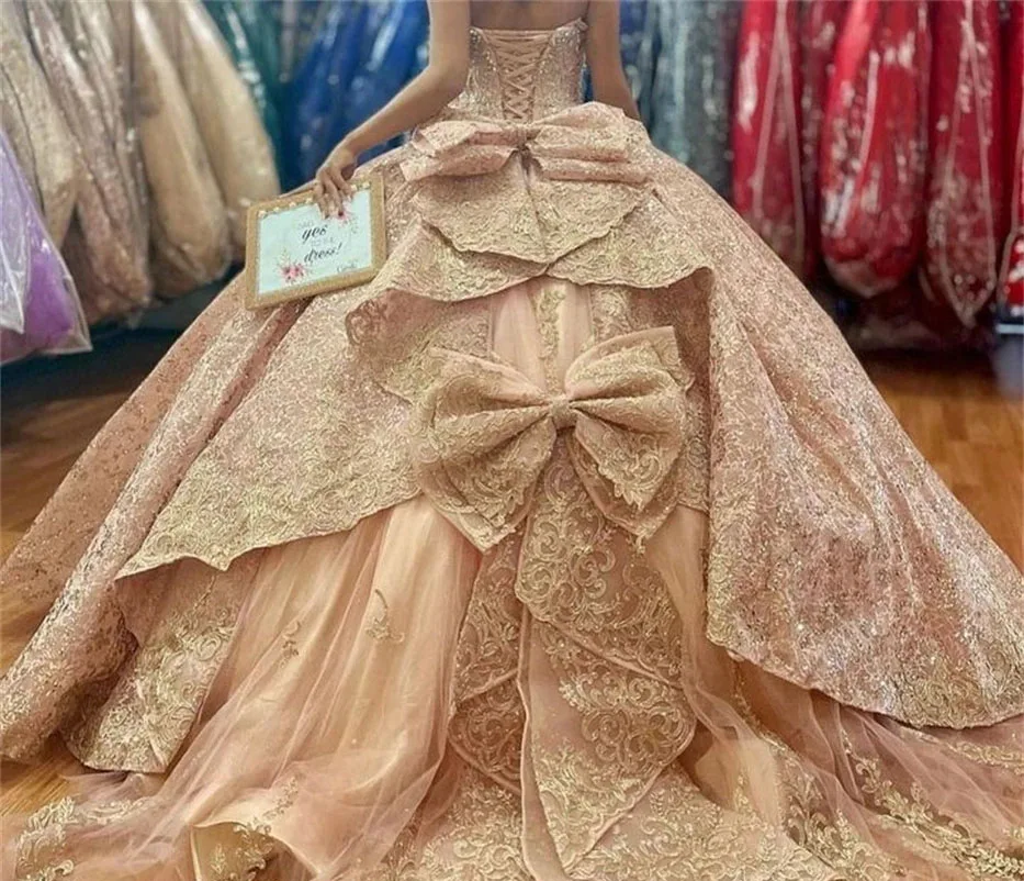 Quinceanera Dresses Sparkly Princess Ball Gown Off The Shoulder Bow Lace Sweet 16 15 A&ntilde;os Customized