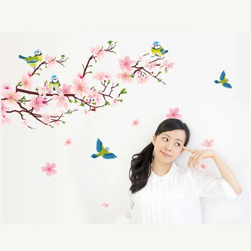 Romantic Peach Blossom Wall Sticker Flower And Bird Animals Living Room Bedroom Wallpaper Removable Stickers wall stickers wall sticker