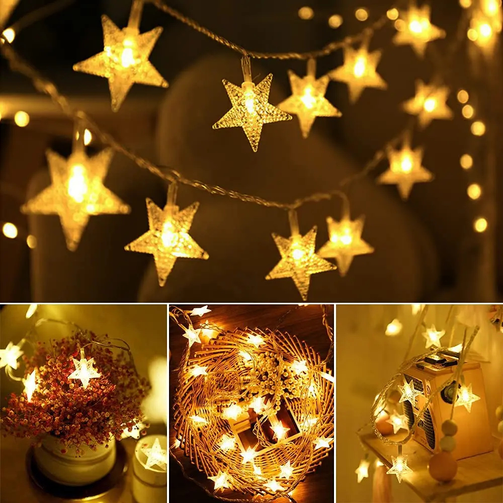 LED Star String Lights Christmas Festoon Lamp 1.5/3/6M Curtain Garland Fairy Light Battery Powered Outdoor Garden Decor Lighting