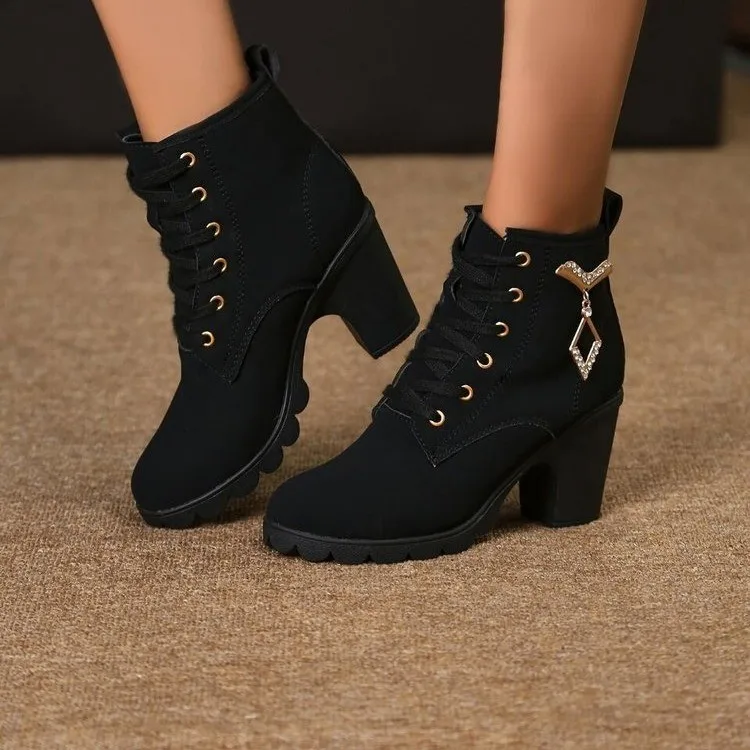 

Женские Теплые ботильоны с меховой подкладкой, уличные удобные облегающие ботинки на толстой резиновой платформе и каблуке, новинка зимы 2023