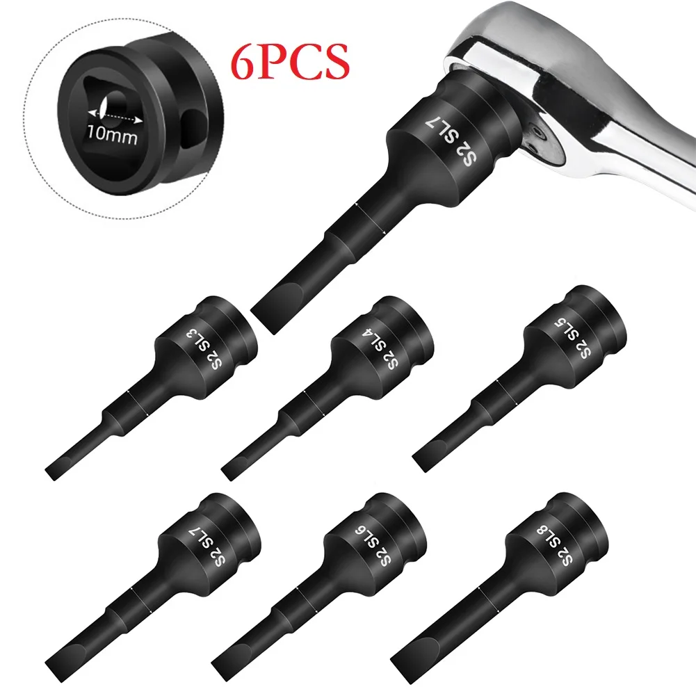 

6Pcs Socket Adapter SL3-SL8 3/8inch Slotted Screwdriver Bit For Impact Drive Socket Wrench Adapter Head For Power Spanner Tool