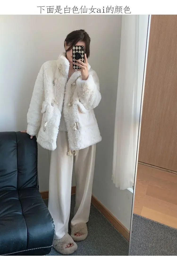 Eleganter aprikosenweißer dicker Kunstpelzmantel für Damen, lässige, mit Faux dicke Lammfelljacke, Winterdame, schicke Langarm-Oberbekleidung – Detail 10