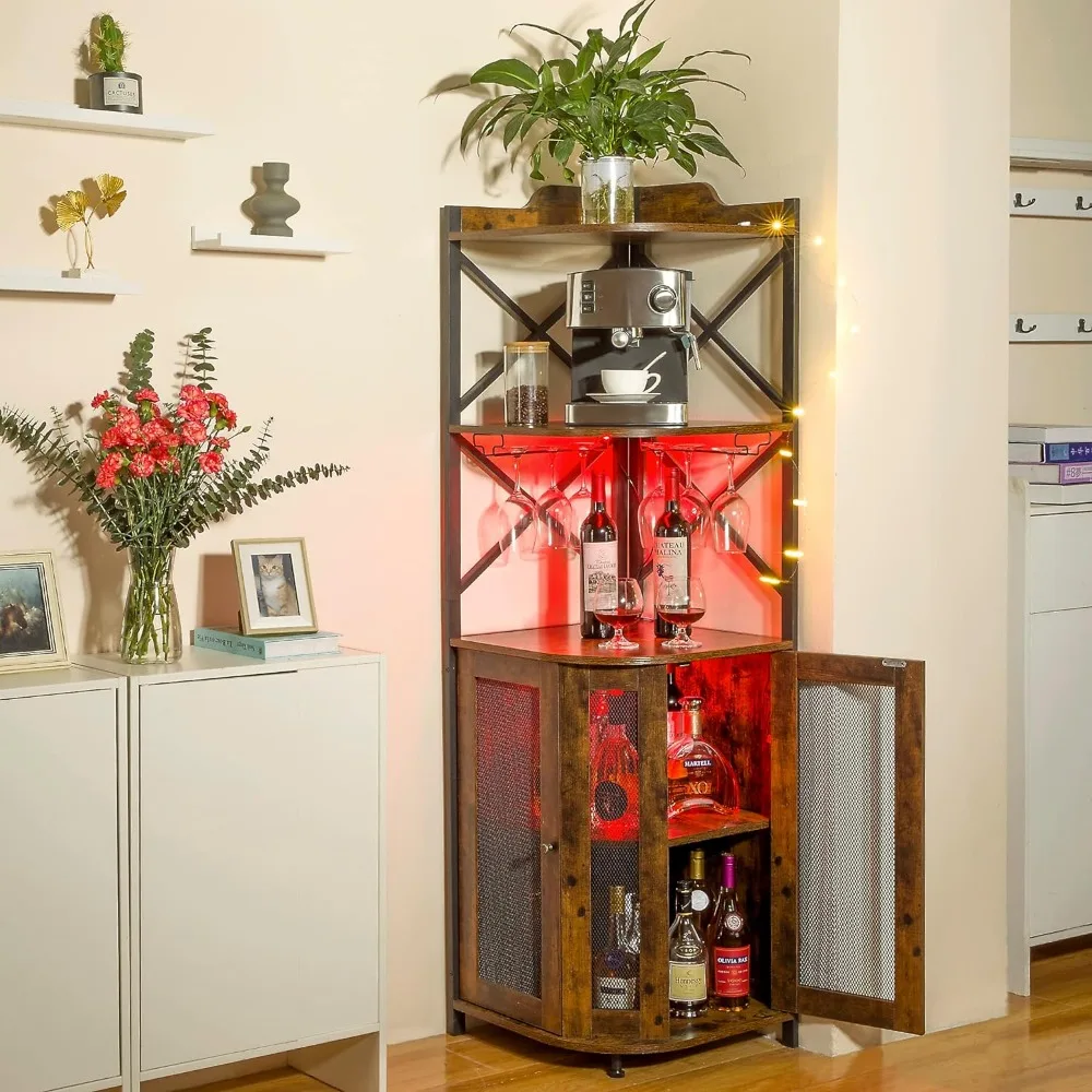 

Corner Bar Cabinet for Home Wine Bar Cabinet With Adjustable Shelf Rustic Brown Refrigerator Rack Furniture Living Room Locker