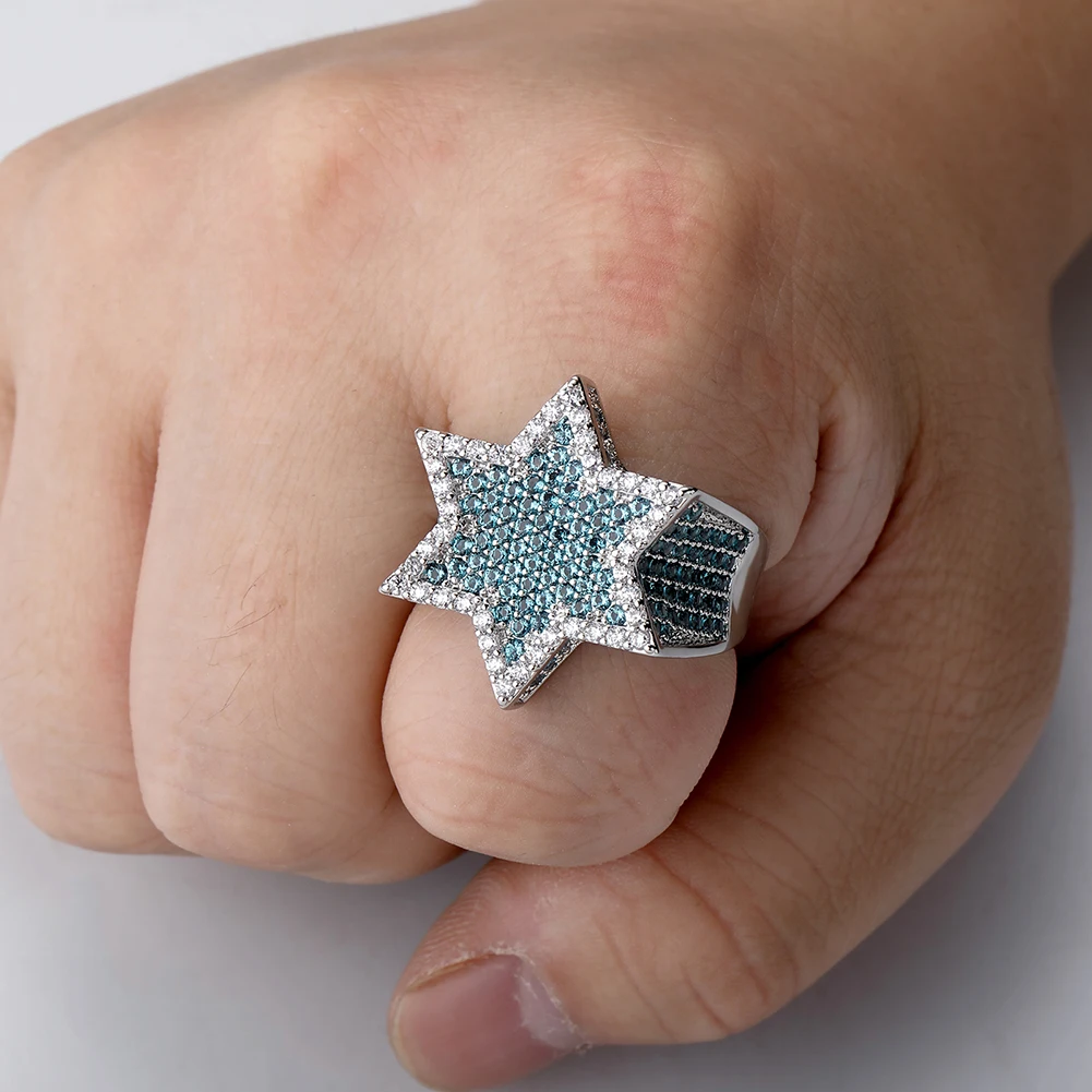 New Hexagon Star Silver Color Blue Iced Out Cubic Zircon Rings Micro Paved Personality Hip Hop