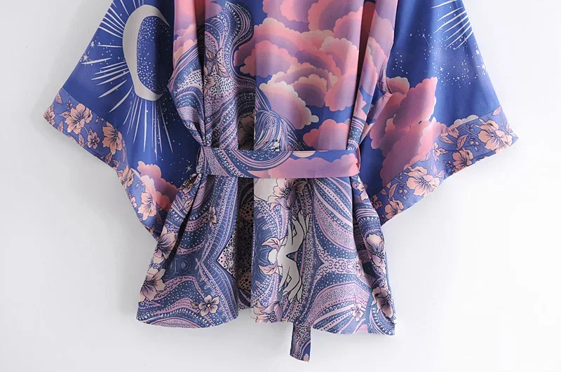 Bohemian Kimono Women V Neck Batwing Sleeves Floral Print Sashes Short Robe japanese kimono clothes