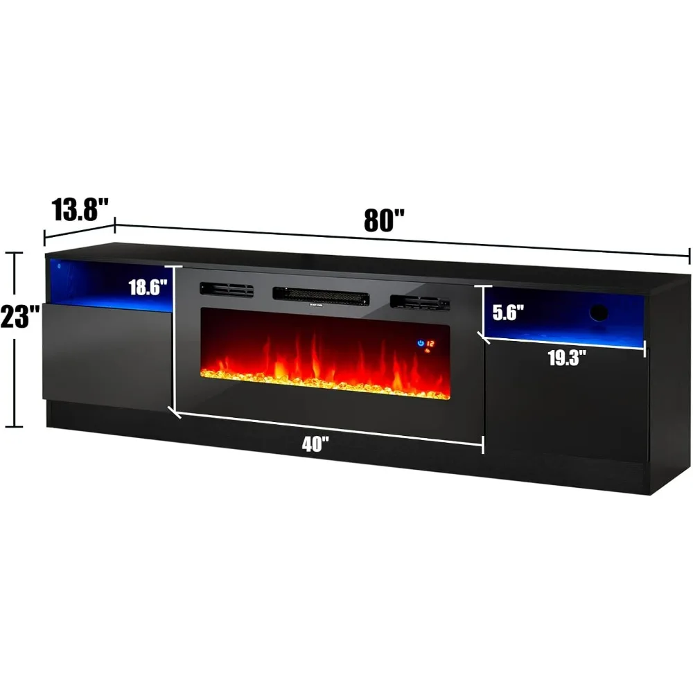 80" TV Stand with 40" Electric Fireplace, Texture Media Center with Highlight Storage Cabinet and 12 Colors LED Lights, Tv Stand 5