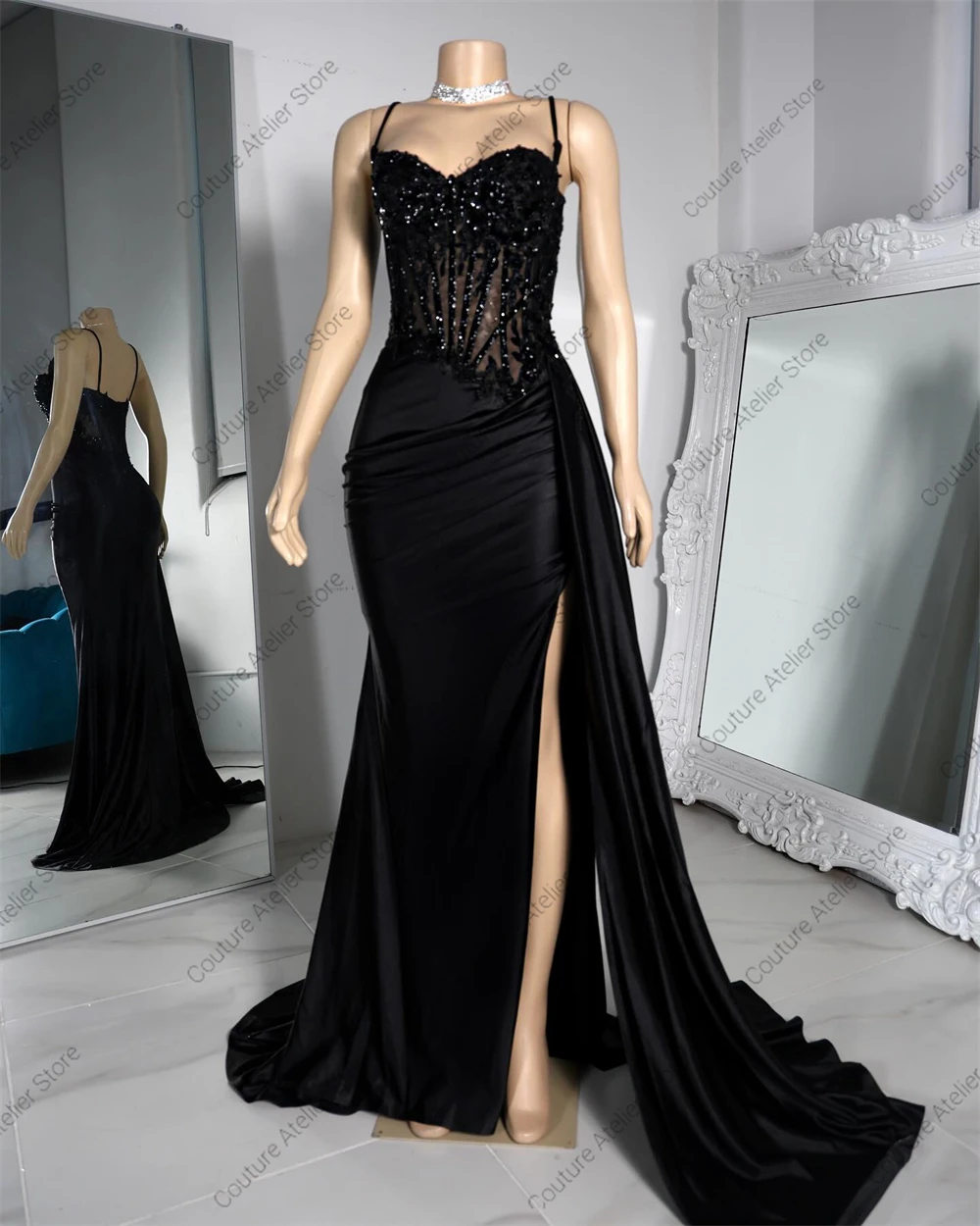 Amazed Black Spaghetti High Split Prom Dresses For Blackgirls Mermaid Elegant Dress Wedding Party Formal Gowns Satin Arabic