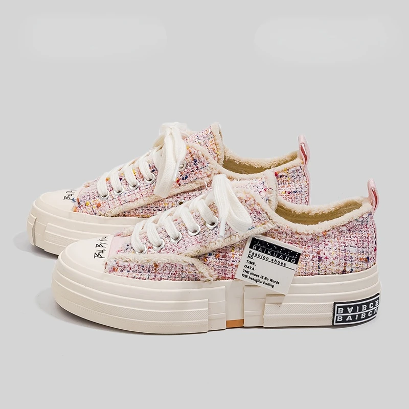 WomenShoes2023SpringNewGirlsSneakersLowTopLaceUpPinkCanvas