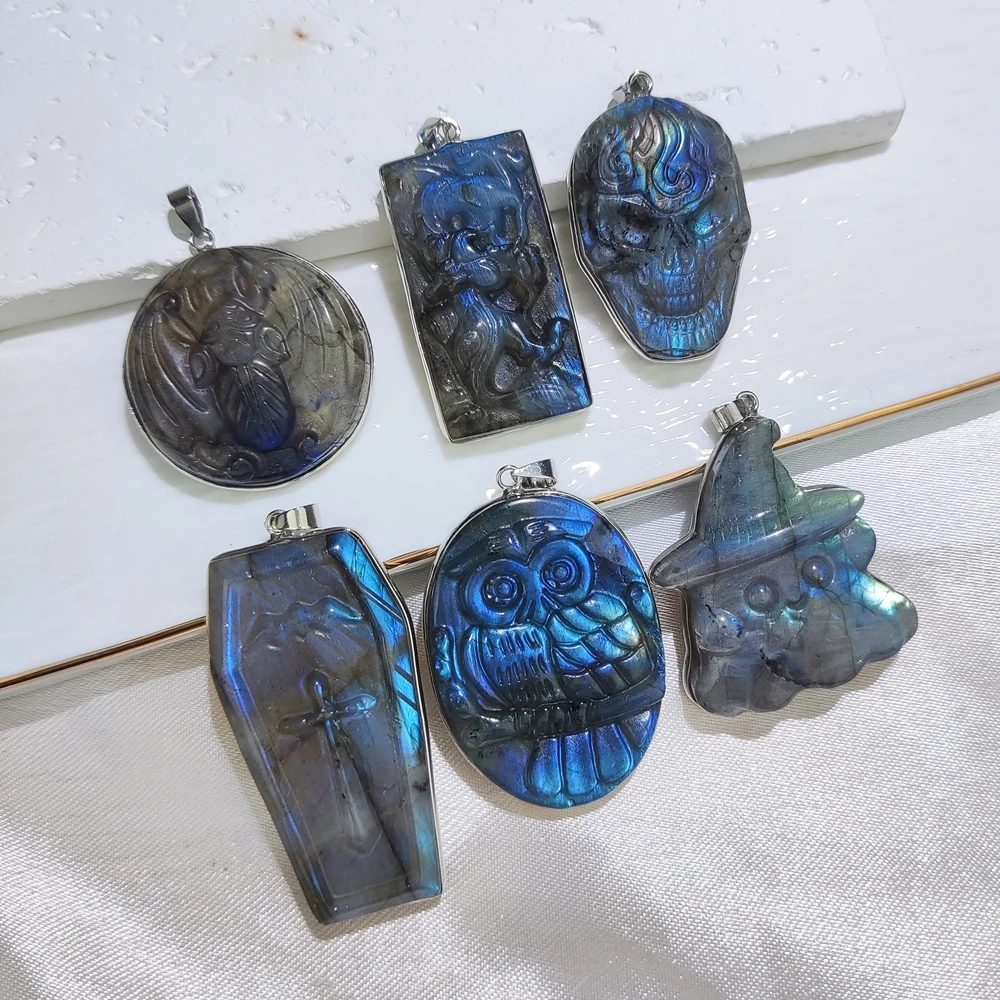 Hand carved natural crystal stone labradorite Dragon Wolf healing Pendant for necklace DIY Accessories 2