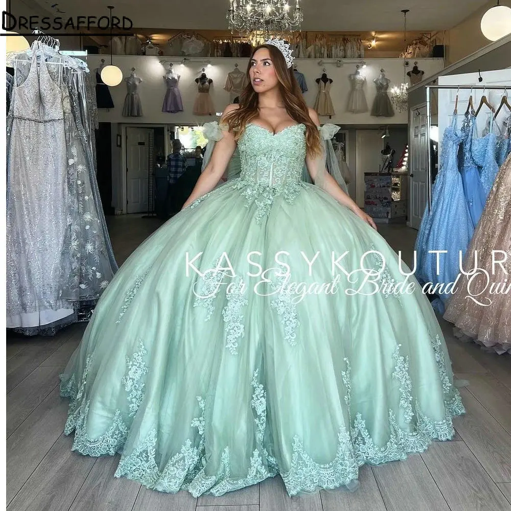 

Mint Green Floral Appliques Lace Quinceanera Dress Ball Gown Off The Shoulder Ribbons Corset Sweet 15 Vestidos De Quinceañera