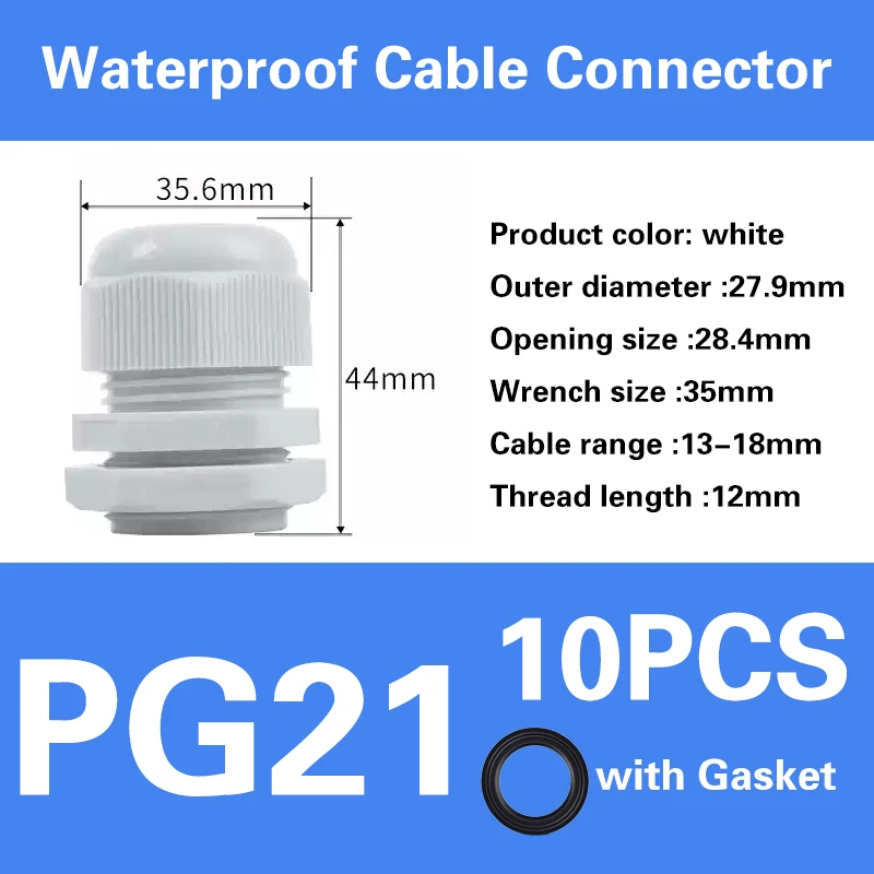 Waterproof IP68 Nylon Cable Gland Connector - White/Black
