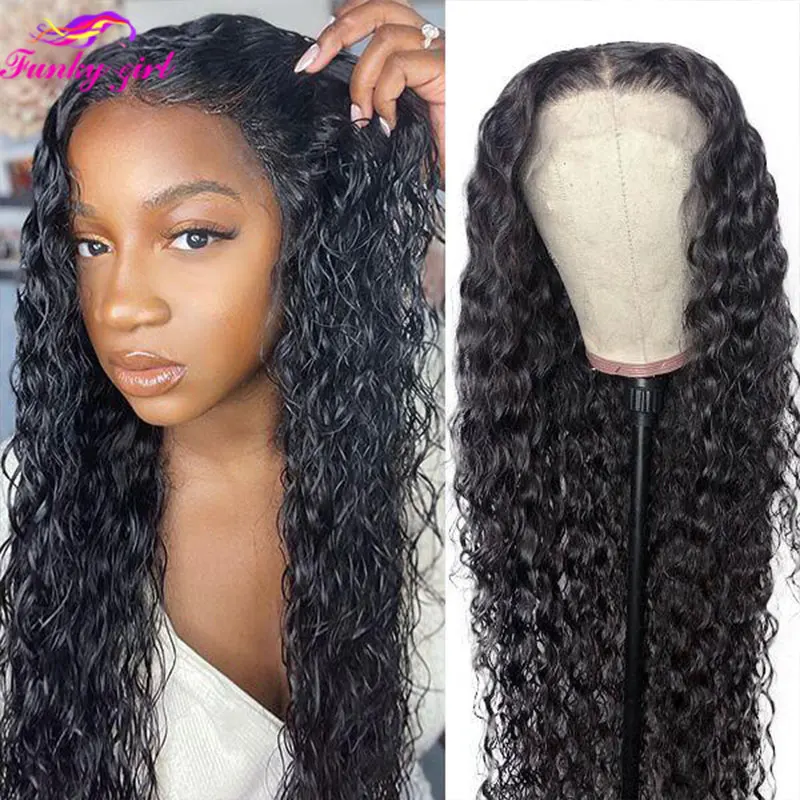 

Water Wave T Part Lace Wig Human Hair Wigs Brazilian Curly Wave 13x1 4x1 Transparent Lace Frontal Wig Deep Part 180% Density Wig