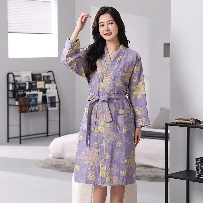 Cotton Two Layers Gauze Kimono Robes Couples New Women And Men V Neck Bathrobe Nightgown Print Female Home Clothes