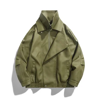 Casual Men's Flight Jacket with Multiple Pockets Leather Jacket Punk Style Zipper Closure Spring Autumn Wear for Adults