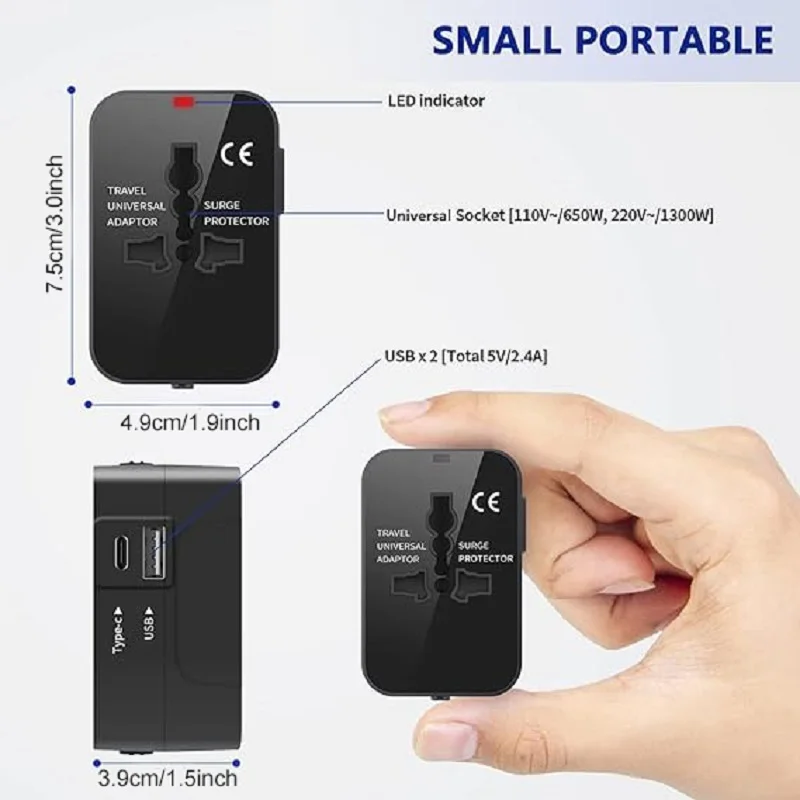 รูปสินค้า อะแดปเตอร์ชาร์จไฟแบบพกพา พร้อมพอร์ต USB และ Type-C