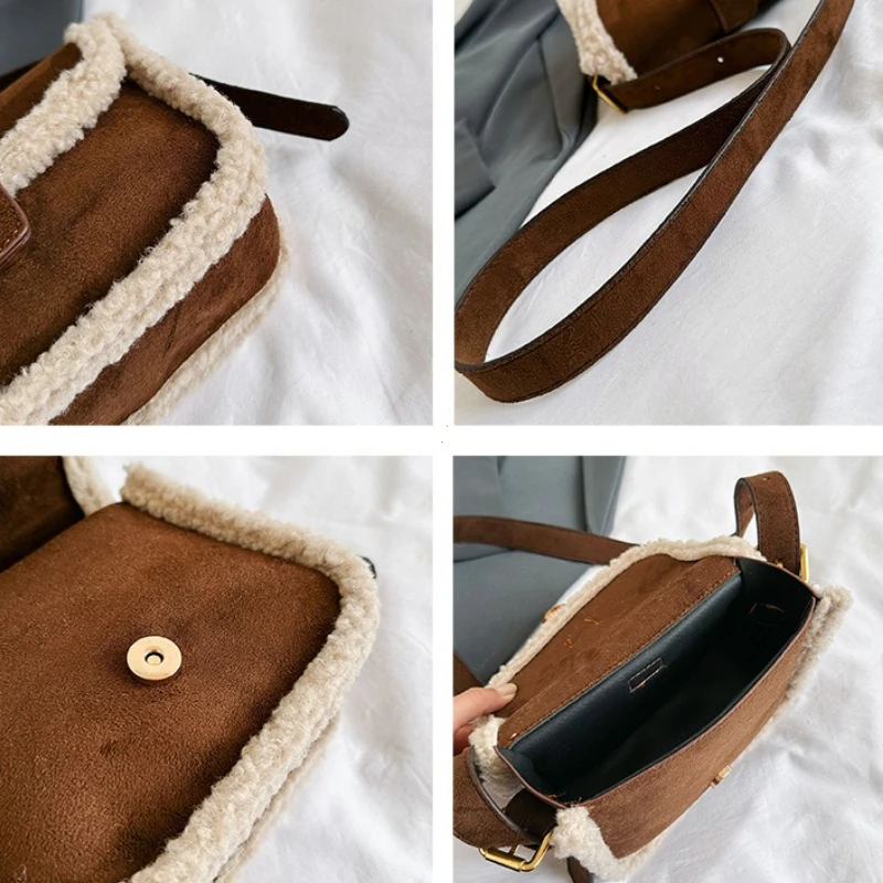Autumn Winter Plush Bag Women's Korean Retro Small Square Handbags New Suede Lamb Wool Patchwork Shoulder Crossbody Bags