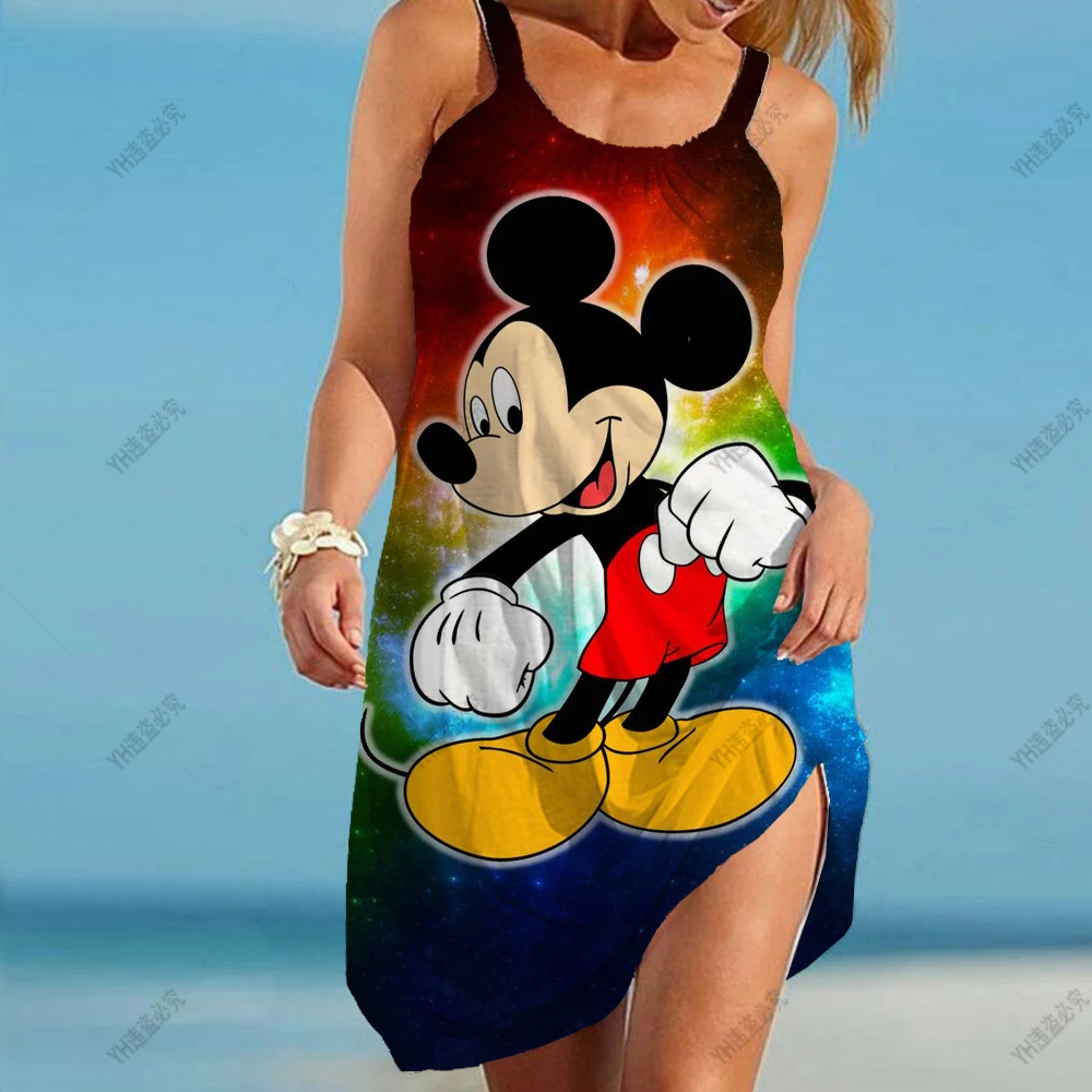

Disney Mickey Mouse Print Dress Women's Fashion Summer Strap Beach Dress Bohemian Sleeveless Party Dresses Elegant Sundress