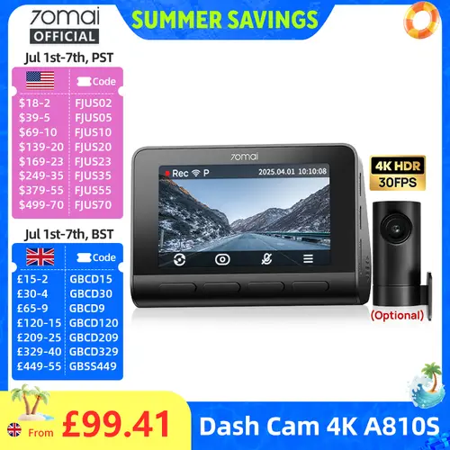 70mai Dash Cam 4K A810S HDR IMX678 Supercapacitor 4G LTE Remote Control Wi-Fi 6 Voice Control GPS ADAS Car Camera 70mai A810S