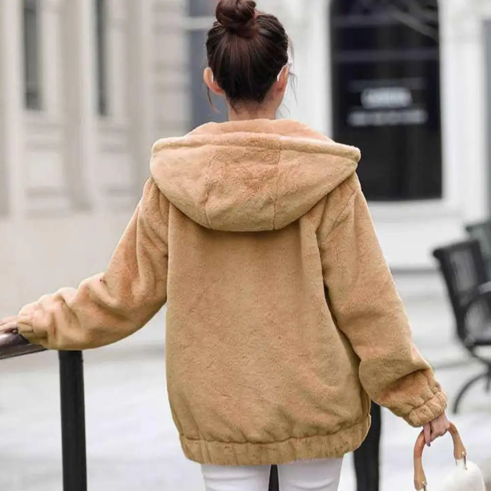 

Solid Color Fashion Coat Women's Plush Hooded Jacket with Soft Zipper Closure Warm Windproof Coat for Fall Winter Long Sleeve