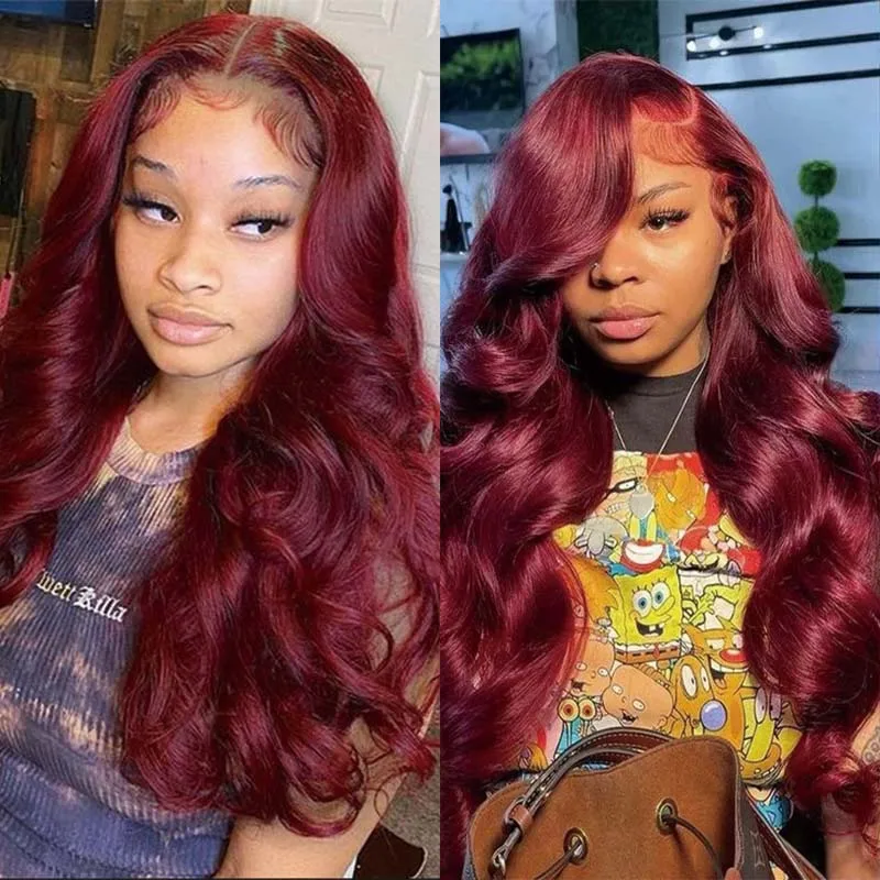 

13x4 Burgundy Body Wave Lace Front Wig Human Hair With Baby Hair Pre Plucked 99j SD Clear Lace Frontal Wigs for Black Women
