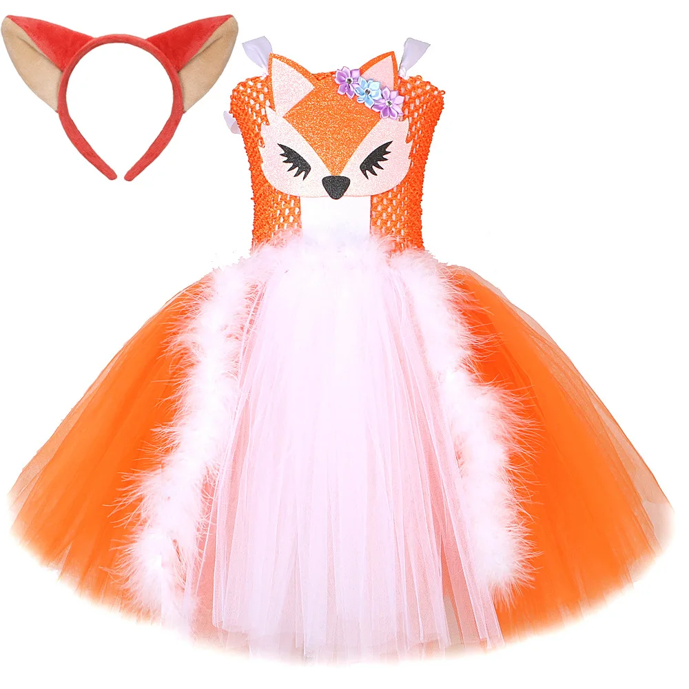 

Kids White Orange Fox Halloween Costumes for Girls Animal Cosplay Tutu Dress with Ears Children Birthday Carnival Party Outfits