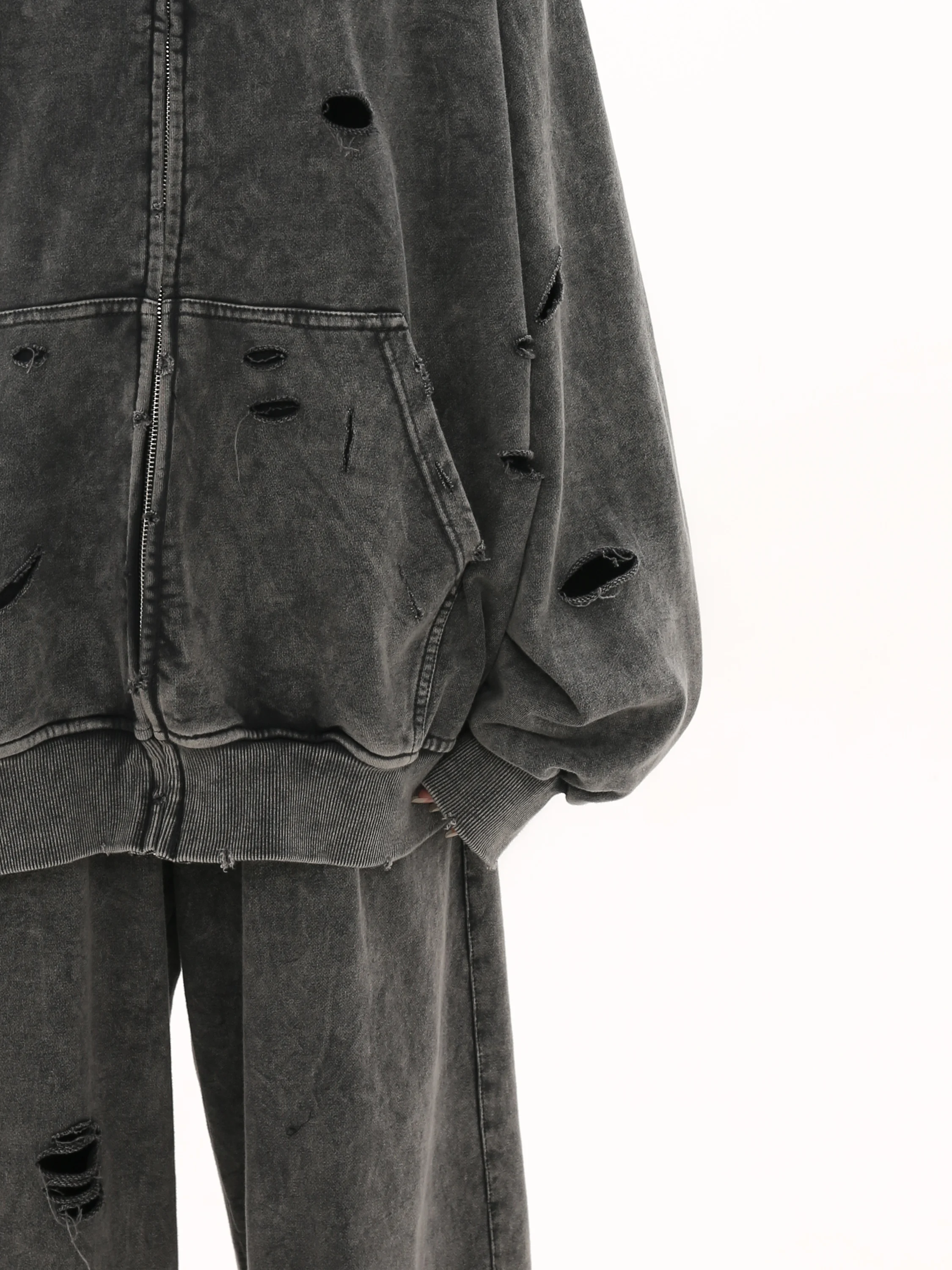 Autumn Winter Ripped Hole Punk Vintage Zip Up Hoodies Man Woman High Street Washed Distressed Sweatshirt Sudaderas