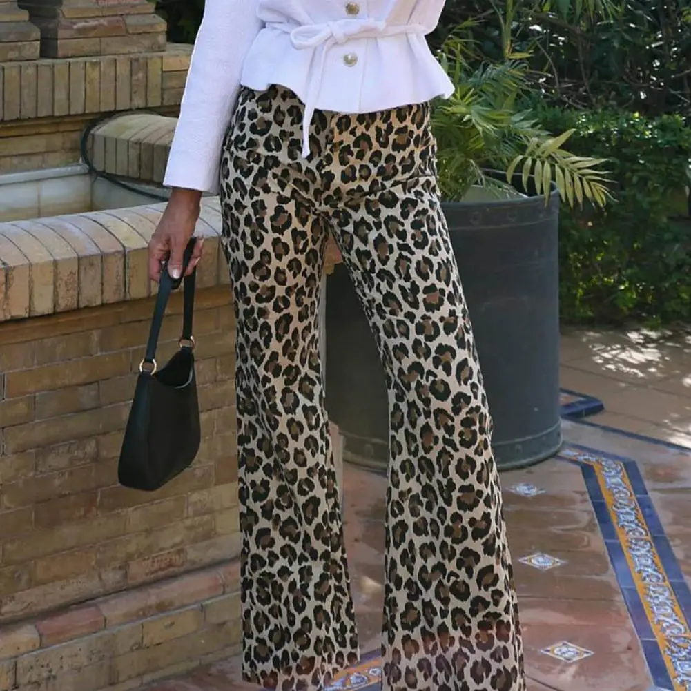 

Elastic Waist Pants Leopard Print Wide Leg Pants for Women Mid-rise Elastic Waist Trousers Stylish Streetwear Long Pants Women