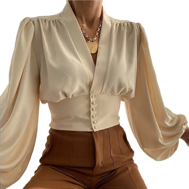 

2022 Spring New Lantern Sleeve Tops Women Splicing Solid Color Button V-Neck Shirt Cardigan Slim Fit Female Casual Office Blouse