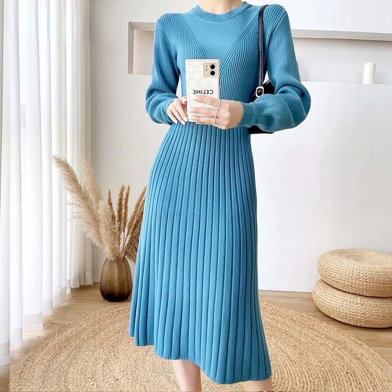

Chic Women A-line Knit Dress 2022 Fall Winter Long SLeeve Slim Waist Female Elasticity Sweater Dress Women Clothes