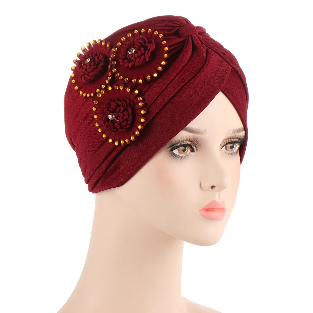 

Muslim Women Flower Turban Hats Pre Tied Solid Ruffle Caps Chemo Beanies Headwear for Cancer hair loss Cover