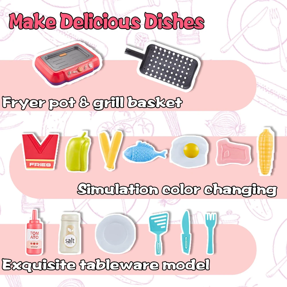 WizKidz Kids Play Kitchen Accessories Toy Set Gift with Sound & Light Color Changing Play Food Fryer Toy Kitchen for Boy & Girl 6