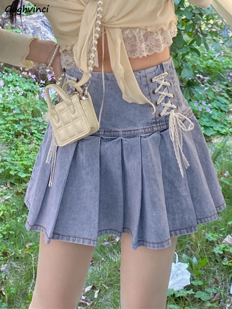 Denim Mini Pleated Skirts Women Bandage Stylish Fashion New High Waist Ins Solid Minority Elegant Young Casual All-Match Faldas