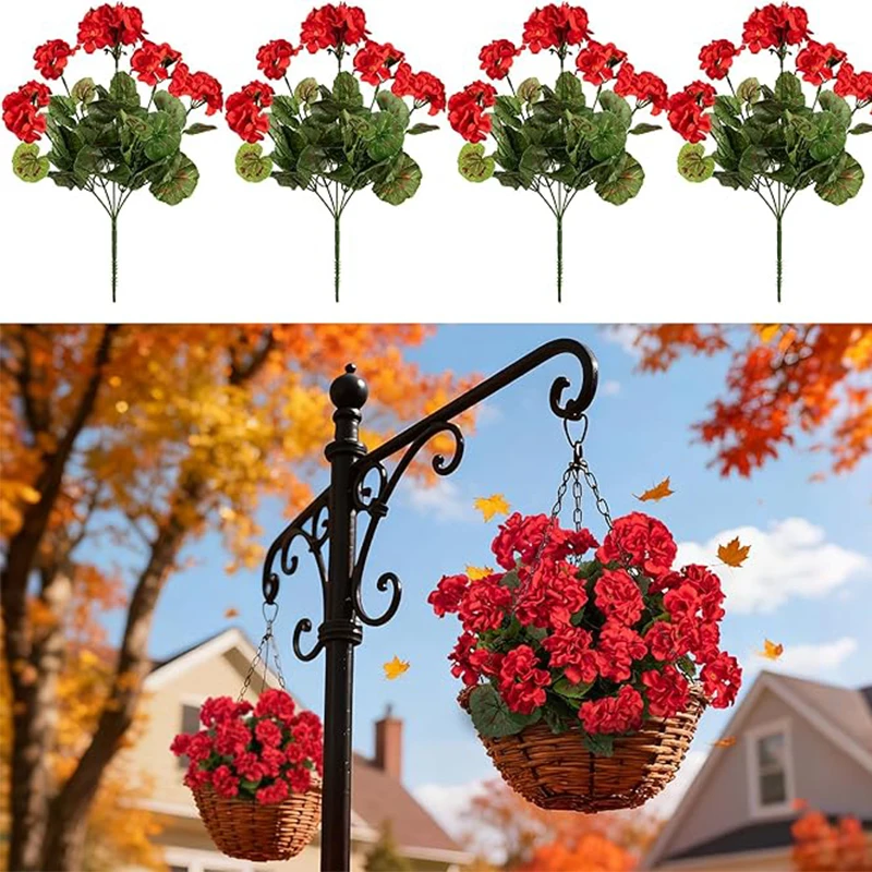 1Pcs 14in Red Artificial Geranium Fake Silk Floral Bouquet Home Wedding Decoration Garden Cemetery Decoration Simulation Plants