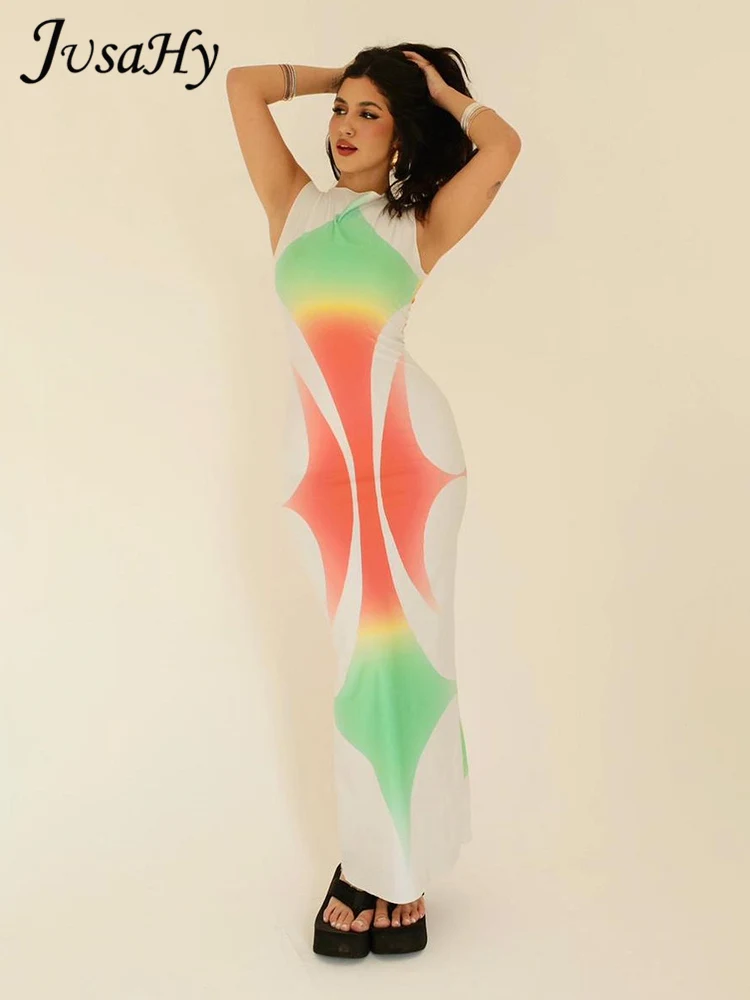 

Платье-Макси женское с принтом, круглым вырезом и лямкой на шее