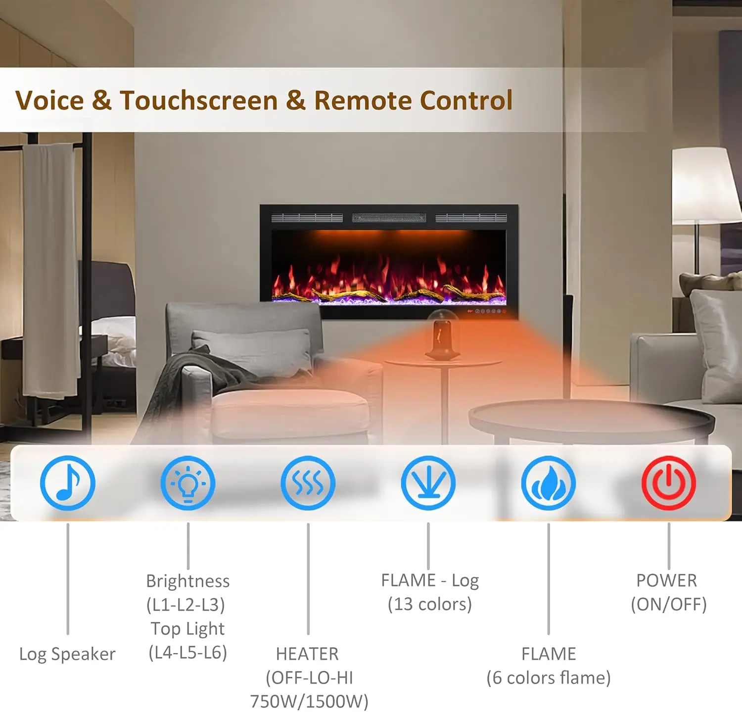 Wifi Enabled Electric Fireplace Embedded Wall Mounted 60 "electric Fireplace Heater Adjustable Flame Color Remote Touch Screen 3