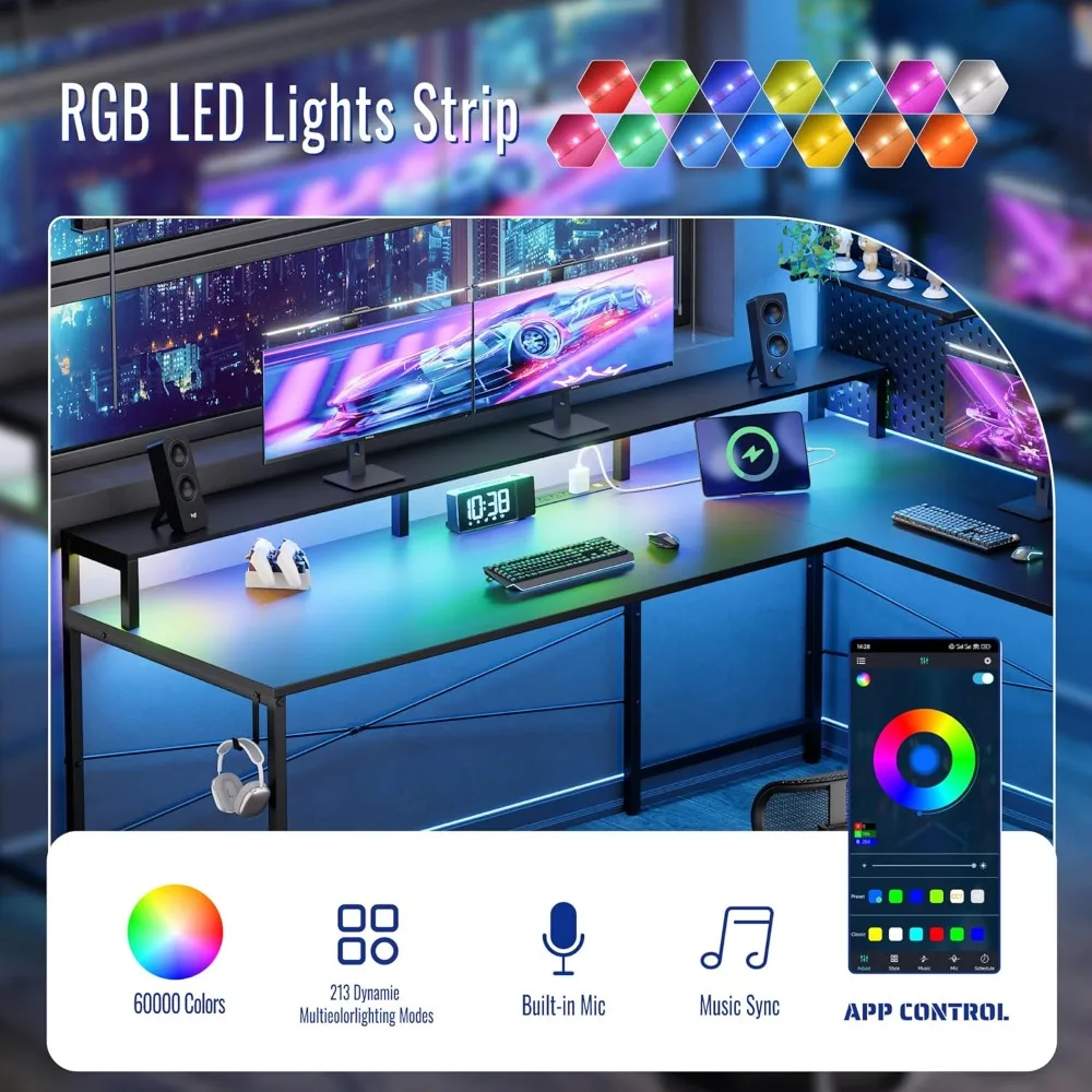 64 Inch L-Shaped Gaming Desk with Power Outlets, LED Lights, Monitor Stand & Pegboard for Home Office