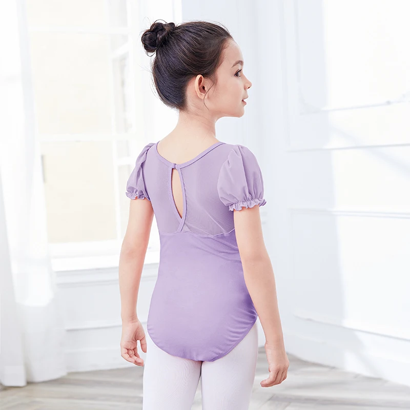Girls Ballet Leotards Puff Sleeve Gymnastics Mesh Splice Dance Wear Overall Bodysuit Kids Costumes | Тематическая одежда и