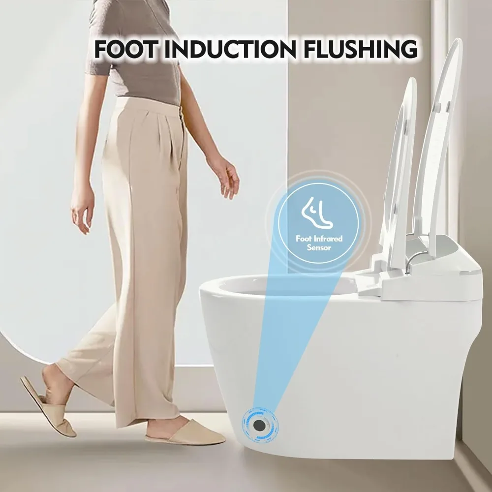 Heated Seat Smart Toilet 1 Piece Toilet Automatic Flush Tank Less Toilet Without Bidet, with Foot Sensor Flush White Night Light 2