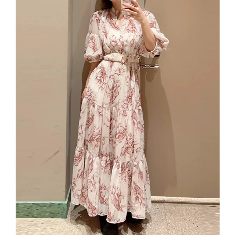 

WAKUTA Belt Printed Chiffon Vestido Feminino 2024 Spring Big Swing V Neck Robe Japanese Bubble Sleeve Slim Waist Summer Dress