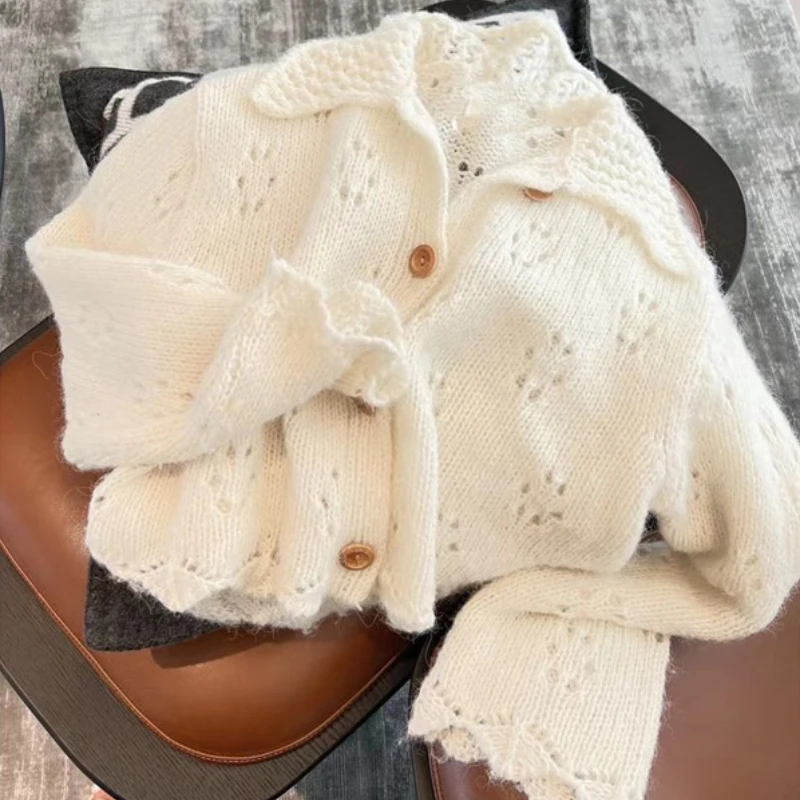 New Autumn and Winter Lapel Women's Long-sleeved Cardigan Sweater Fashionable and Elegant Single-breasted Solid Color Blouse