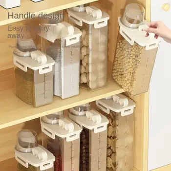 Con misurino barattolo di plastica strumento di stoccaggio della cucina Dispenser di cereali trasparente scatola di immagazzinaggio beccuccio Organizer 1