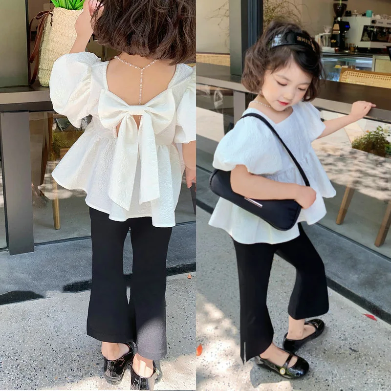 Kids Shirts Summer Girls' Short Sleeve Sweet Square Neck Bubble Backless Top Big Bow Fashion Versatile Short Sleeve Shirt Children Clothing