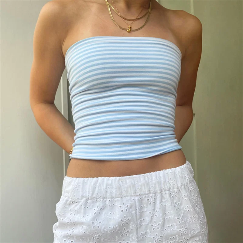 Top tubo Y2K, ropa estética para mujer, estilo grunge, a rayas/color sólido, hombros descubiertos, sin tirantes, sin mangas, ropa de calle de los años 2000