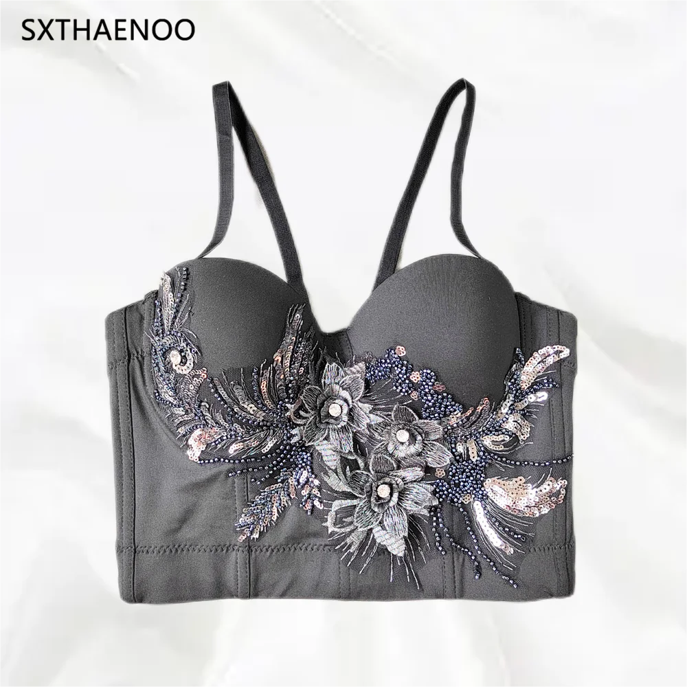 

SXTHAENOO 2023 Summer Vintage Diamond Flowers Camisole Beading Black Corset Elegant Fashion Women's Sexy Crop Top топ женский