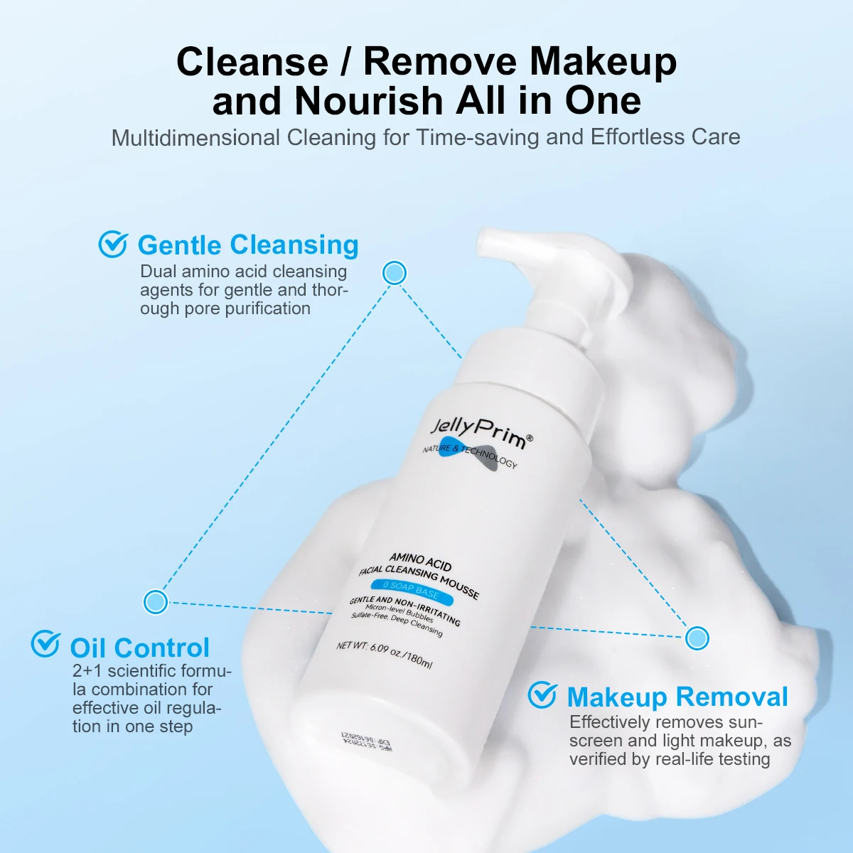 JellyPrim Amino Acid Mousse Cleanser Gentle Cleaning Moisturizing Blackhead Acne Oil Control Sunscreen Removal Face Wash 180ml 5