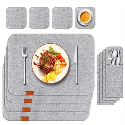 Deluxe Washable Dining Set: 4 - Piece Placemats, Coasters, and Utensil Holders - Rectangular (Light Grey)