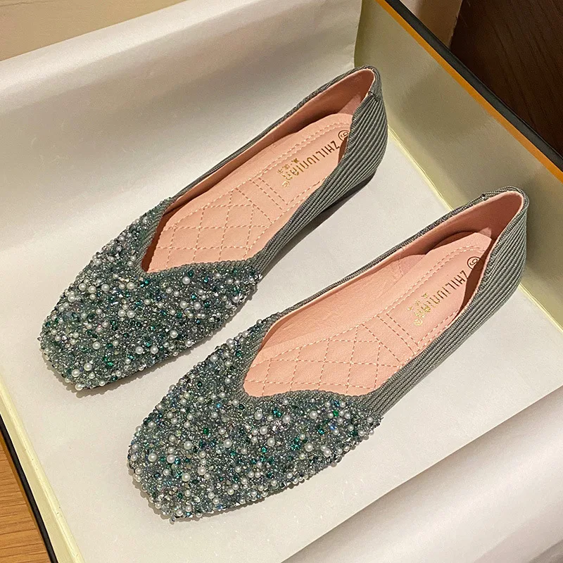 Women's Pearl Beaded Flats Shoes Spring Square Toe Loafers Female Shallow Slip On Mocasines Mujer Sequined Ballets Shoes Ladies