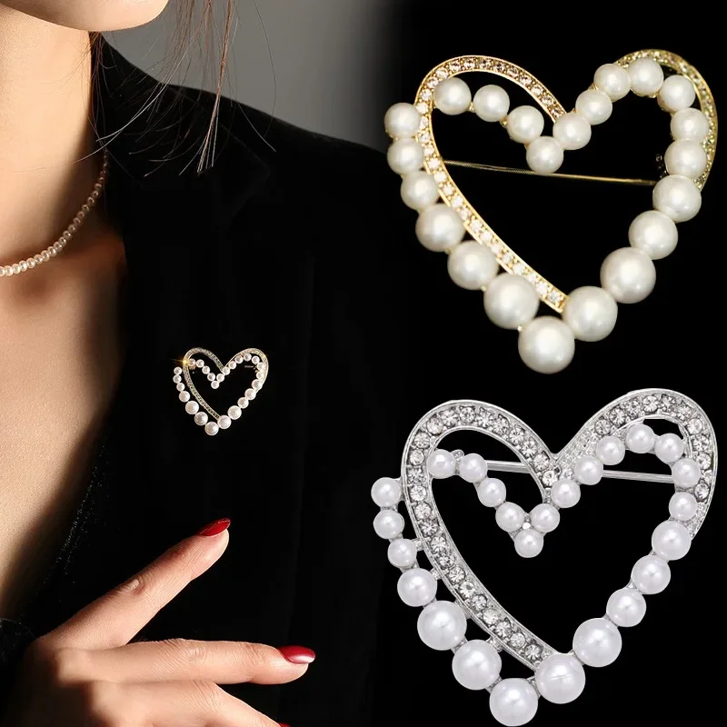 

1/2PCS Double Layer Pearl Heart Brooch Hollowed Out Breastpin Fashion Lady Suit Sweater Cardigan Buckle Pins Jewelry Love